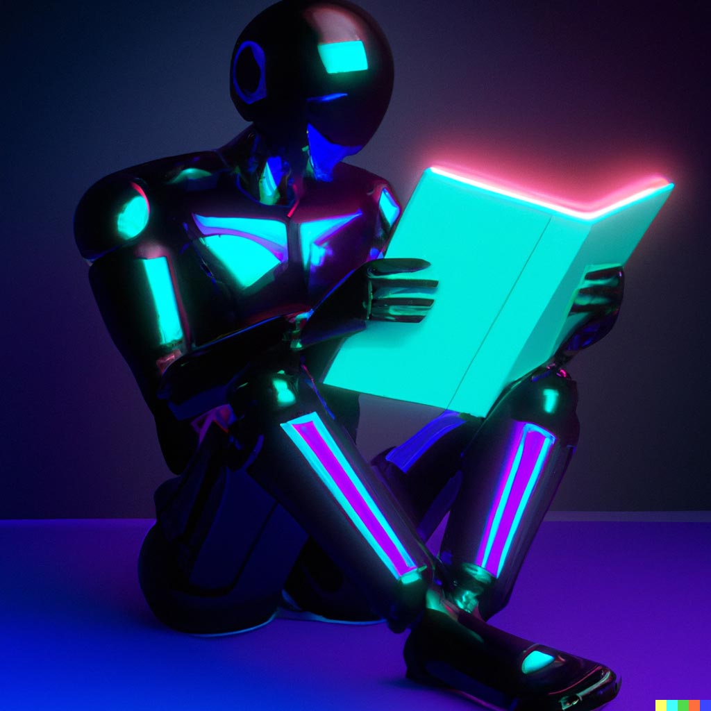 DALL·E prompt: humanoid solarpunk robot reading a book, neon lighting futuristic UI minority repot.jpg